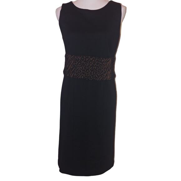 Adrienne Vittadini Sleeveless Black Midi Dress With Animal Print Band Sz 8 - Picture 1 of 6